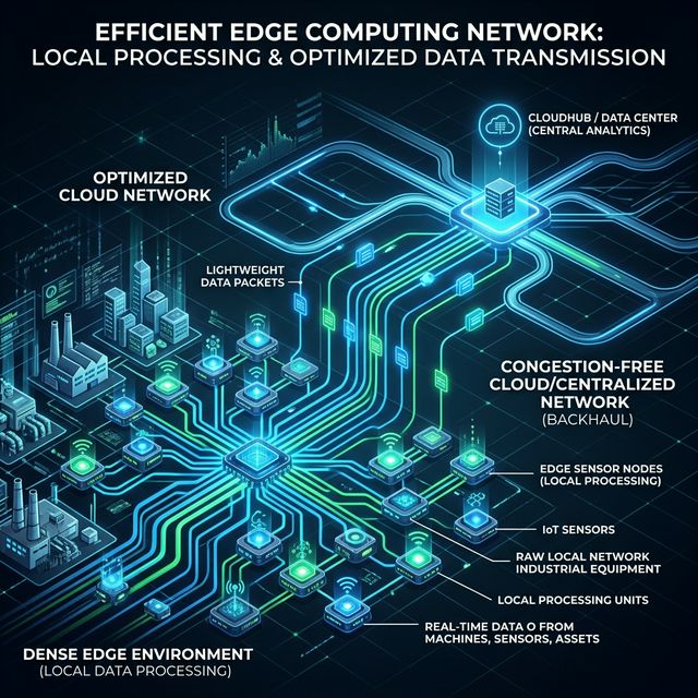 Diagram illustrating dense sensor arrays using edge computing to process data locally and avoiding network bottlenecks