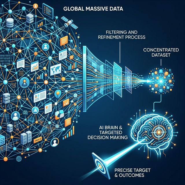 Concept art showing a massive global dataset filtering down into a specialized local AI mechanism.