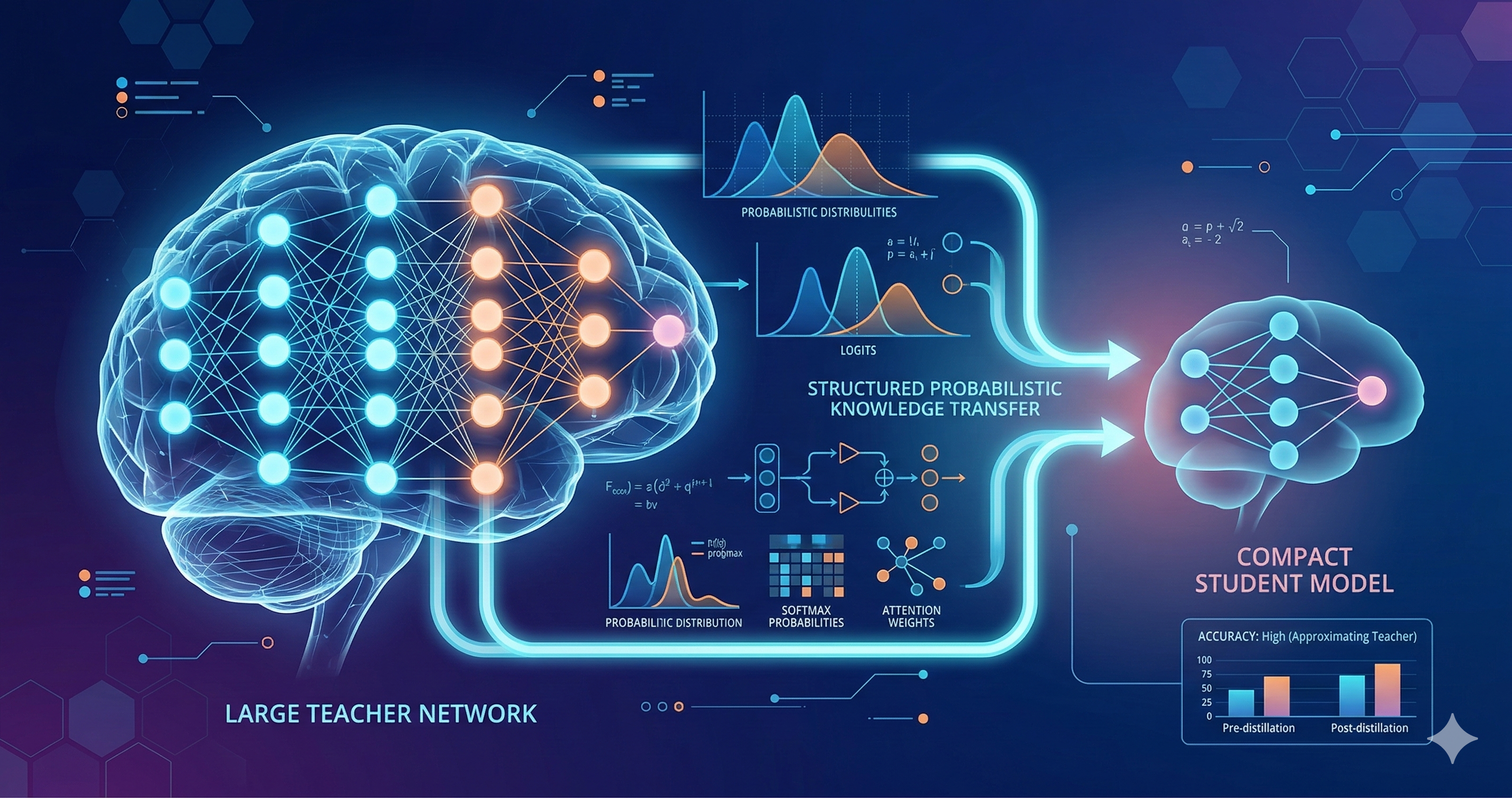 Teacher and student neural network diagram showing knowledge transfer