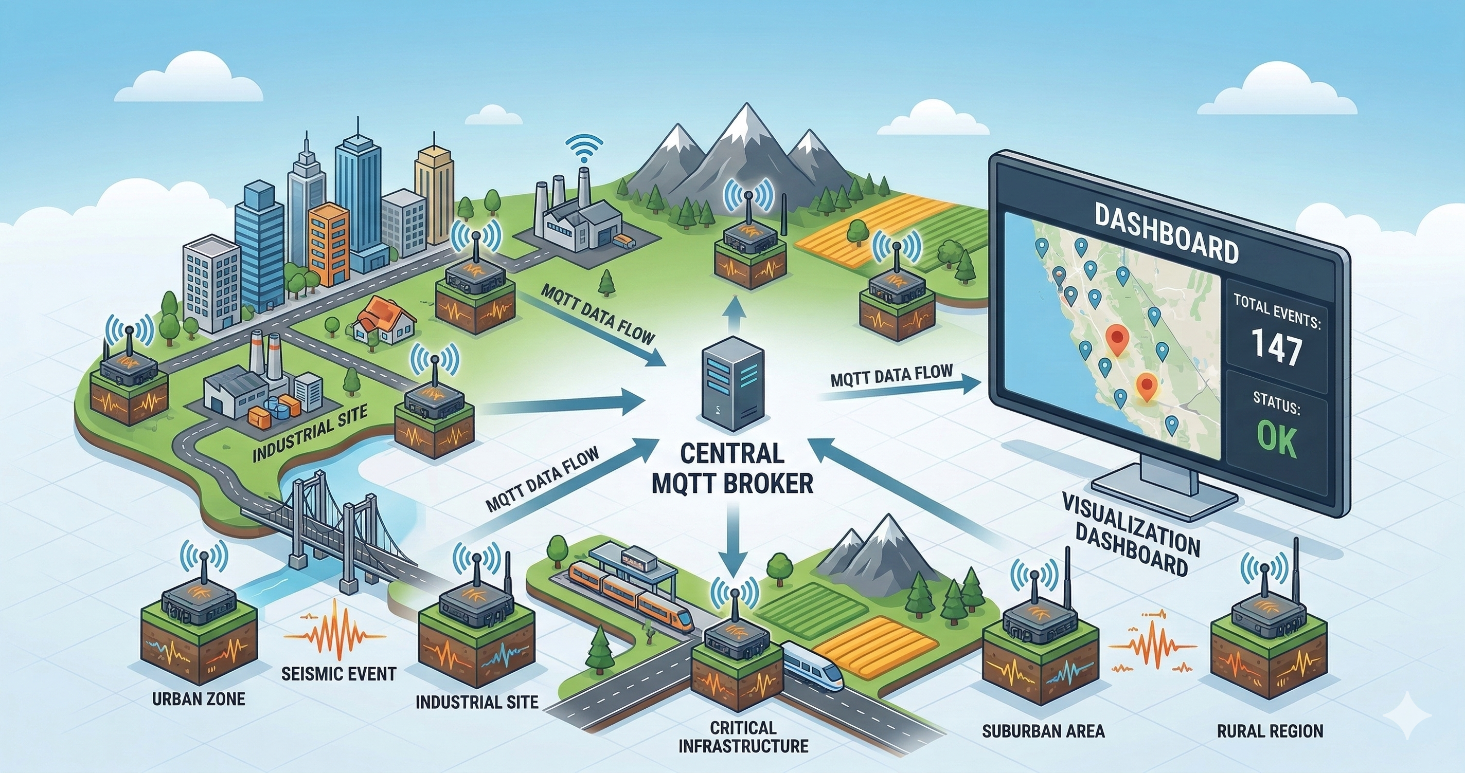 Diagram of IoT sensor nodes connected by MQTT broker to a data visualization dashboard