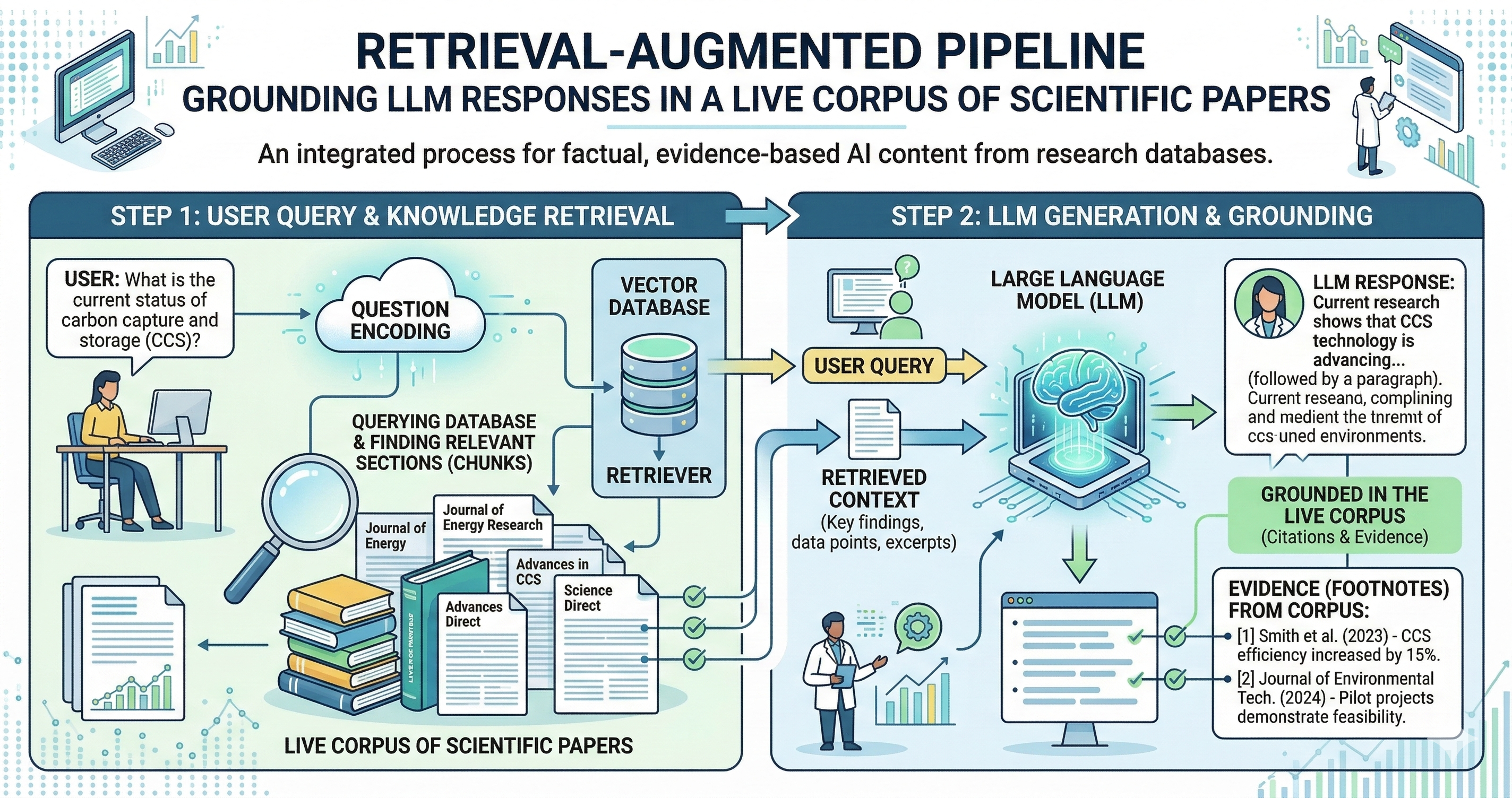 Diagram of a RAG pipeline retrieving documents from a vector store to augment an LLM scientific query